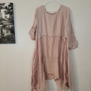 Womens Pink Asymmetrical Linen Cotton Longsleeve Tunic Dress Tiered Whimsical